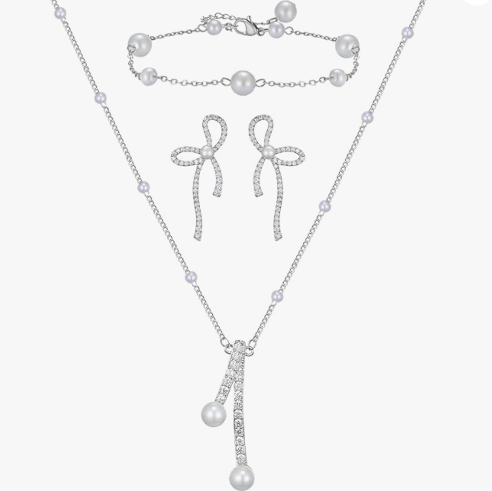 Silver Pavé Bow & Drop Pearl Set